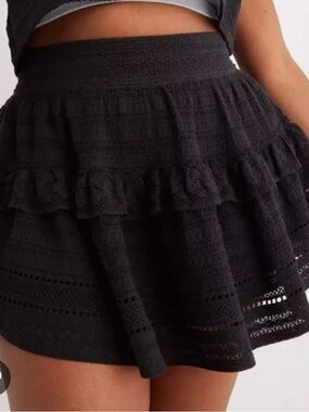 Aerie Rock and Ruffle Cotton Tiered Mini Black Skirt Flowy Boho Women's Sz M